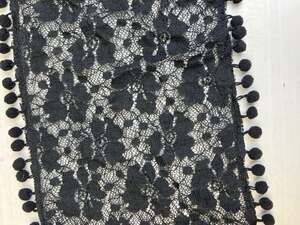 Lace Scarf Black Pom Poms Rectangle 60" X 8" Whimsy Goth Boho Special Occasion